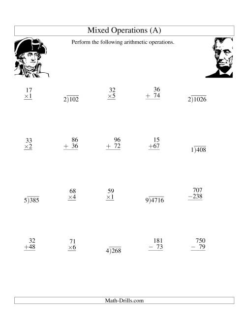 The President's Day Mixed Operations (A) Math Worksheet