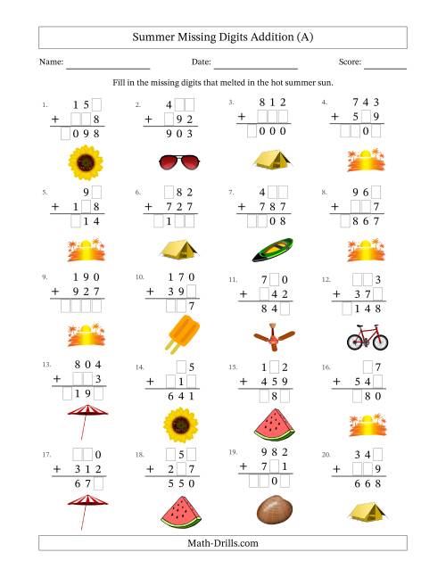 The Summer Missing Digits Addition (Easier Version) (A) Math Worksheet