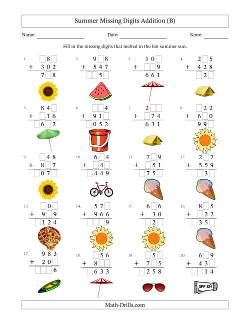 The Summer Missing Digits Addition (Easier Version) (B) Math Worksheet