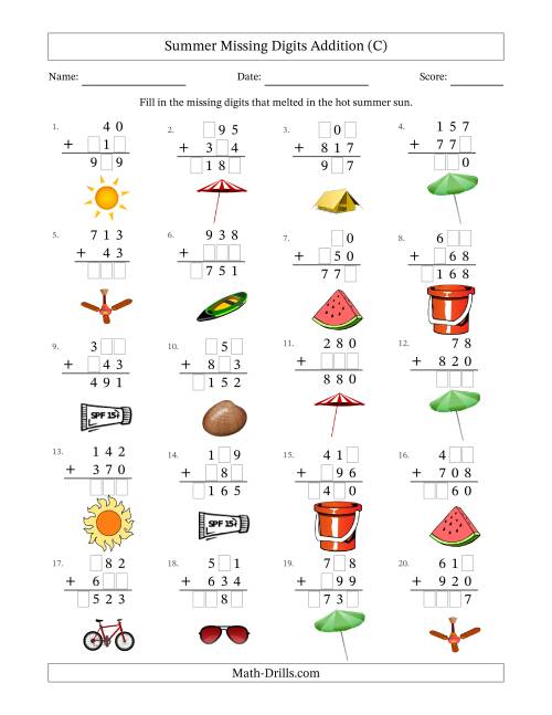 The Summer Missing Digits Addition (Easier Version) (C) Math Worksheet