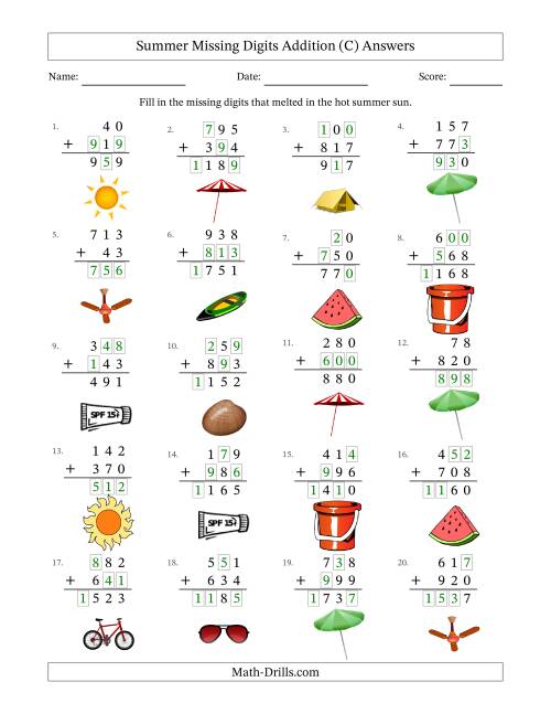 The Summer Missing Digits Addition (Easier Version) (C) Math Worksheet Page 2