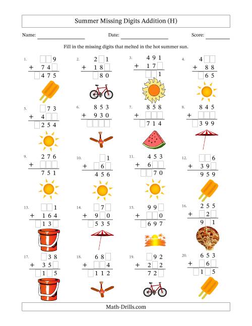 The Summer Missing Digits Addition (Easier Version) (H) Math Worksheet