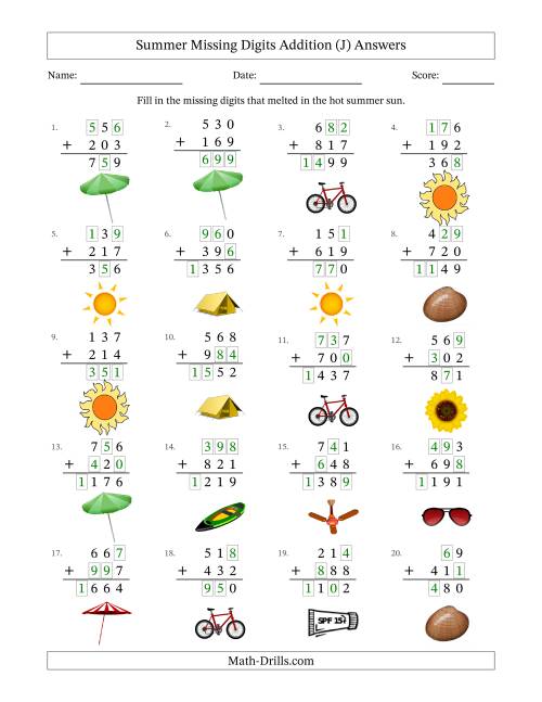 The Summer Missing Digits Addition (Easier Version) (J) Math Worksheet Page 2