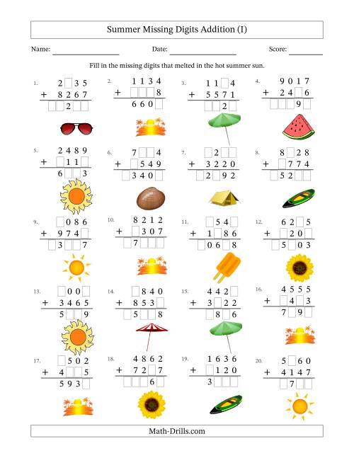 The Summer Missing Digits Addition (Harder Version) (I) Math Worksheet