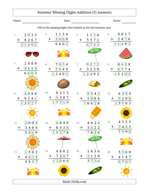 The Summer Missing Digits Addition (Harder Version) (I) Math Worksheet Page 2