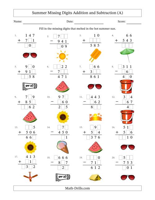 The Summer Missing Digits Addition and Subtraction (Easier Version) (A) Math Worksheet