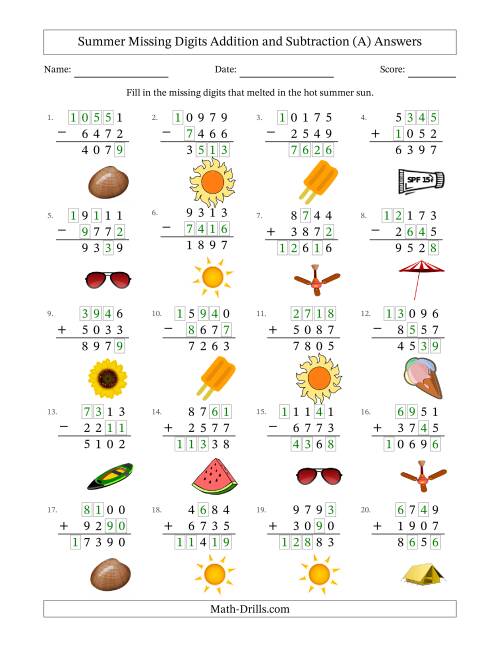 The Summer Missing Digits Addition and Subtraction (Harder Version) (A) Math Worksheet Page 2