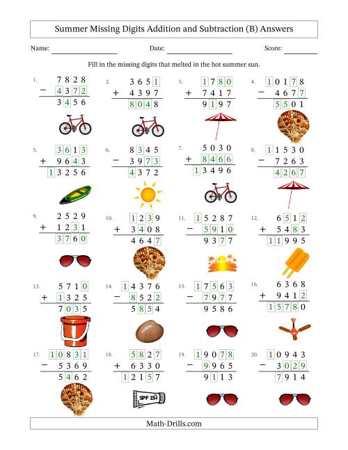 The Summer Missing Digits Addition and Subtraction (Harder Version) (B) Math Worksheet Page 2