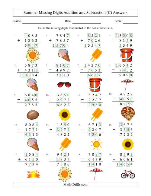 The Summer Missing Digits Addition and Subtraction (Harder Version) (C) Math Worksheet Page 2