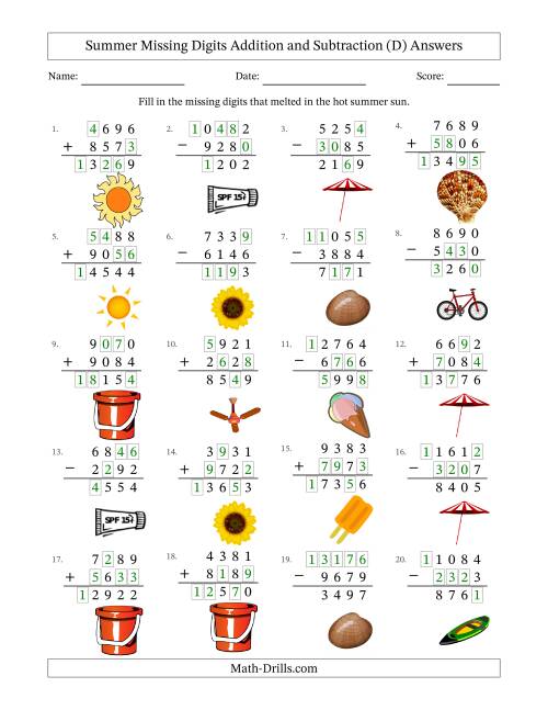 The Summer Missing Digits Addition and Subtraction (Harder Version) (D) Math Worksheet Page 2