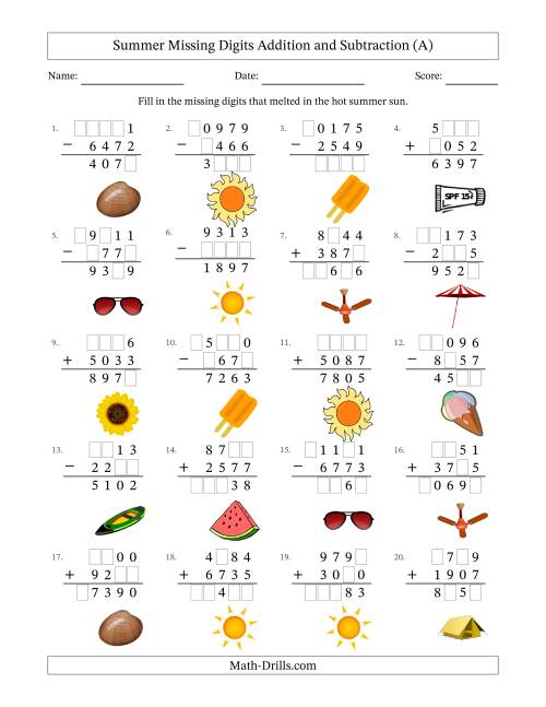 The Summer Missing Digits Addition and Subtraction (Harder Version) (All) Math Worksheet