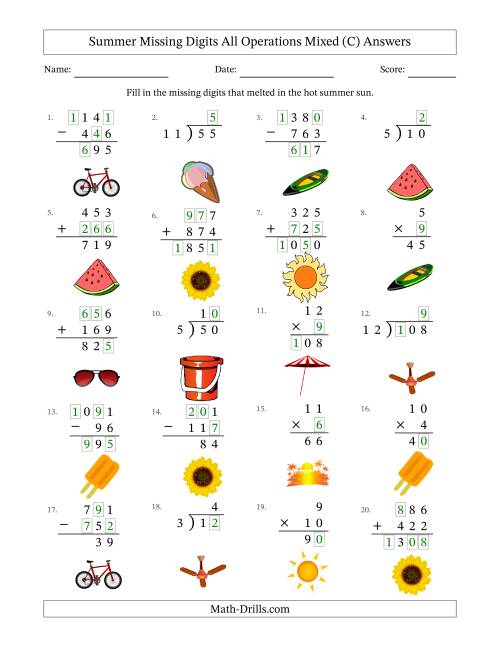 The Summer Missing Digits All Operations Mixed (Easier Version) (C) Math Worksheet Page 2