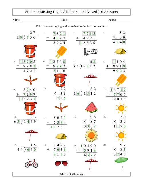 The Summer Missing Digits All Operations Mixed (Harder Version) (D) Math Worksheet Page 2