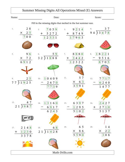 The Summer Missing Digits All Operations Mixed (Harder Version) (E) Math Worksheet Page 2