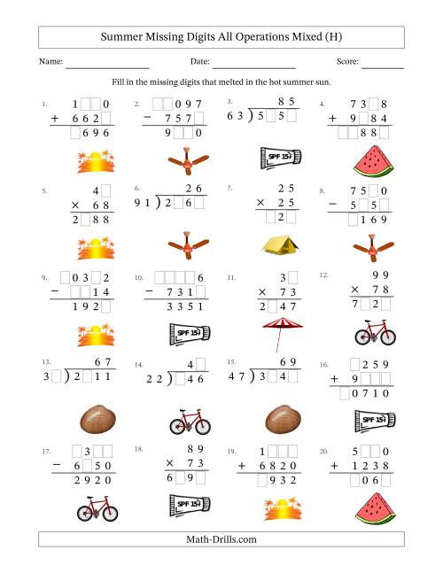 The Summer Missing Digits All Operations Mixed (Harder Version) (H) Math Worksheet