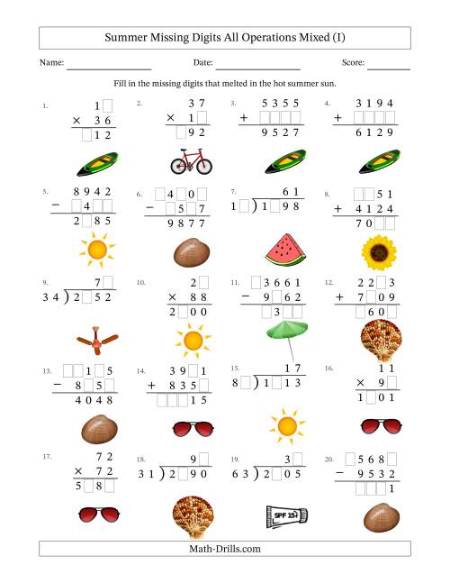 The Summer Missing Digits All Operations Mixed (Harder Version) (I) Math Worksheet