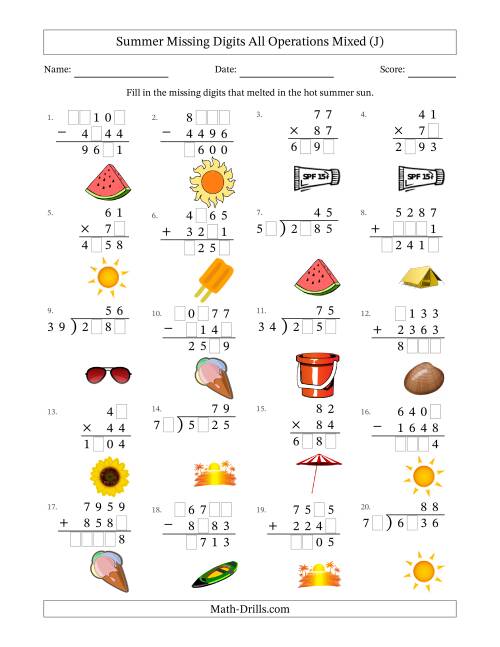 The Summer Missing Digits All Operations Mixed (Harder Version) (J) Math Worksheet