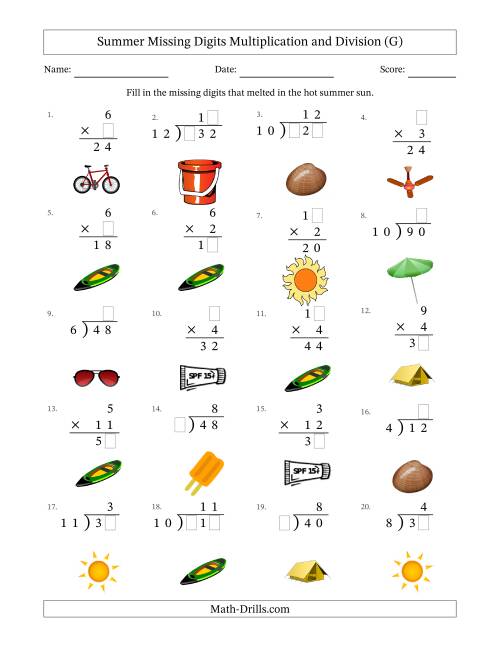 The Summer Missing Digits Multiplication and Division (Easier Version) (G) Math Worksheet