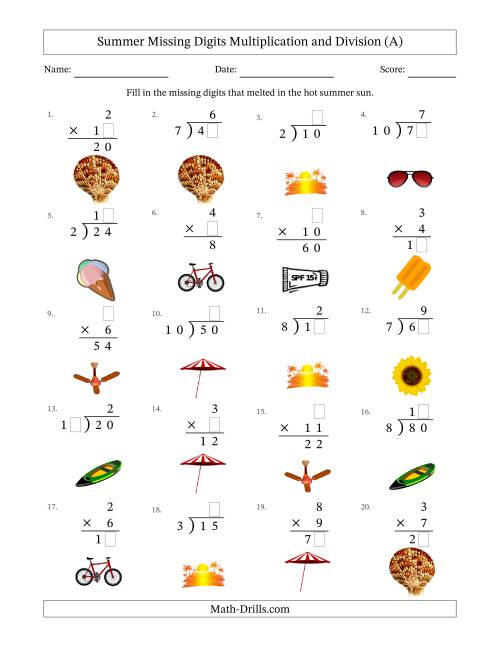 The Summer Missing Digits Multiplication and Division (Easier Version) (All) Math Worksheet