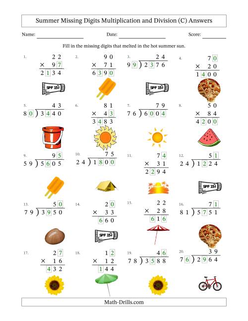 The Summer Missing Digits Multiplication and Division (Harder Version) (C) Math Worksheet Page 2