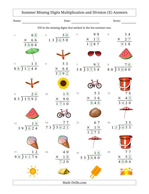 The Summer Missing Digits Multiplication and Division (Harder Version) (E) Math Worksheet Page 2