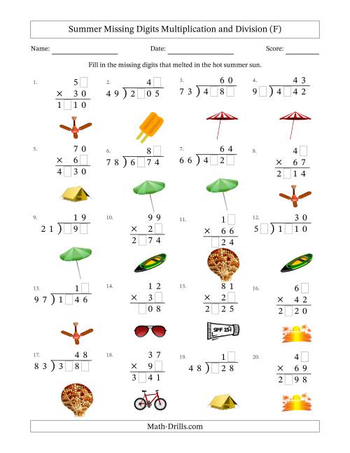The Summer Missing Digits Multiplication and Division (Harder Version) (F) Math Worksheet