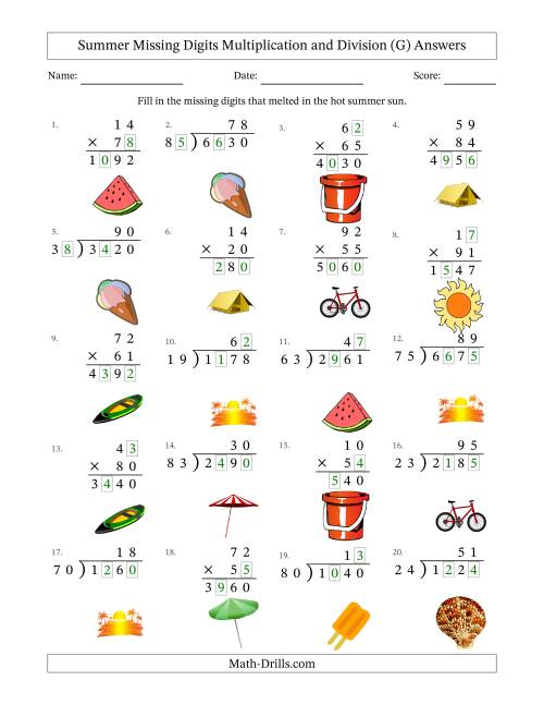 The Summer Missing Digits Multiplication and Division (Harder Version) (G) Math Worksheet Page 2