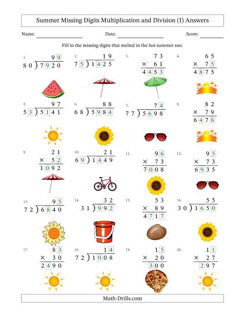 The Summer Missing Digits Multiplication and Division (Harder Version) (I) Math Worksheet Page 2