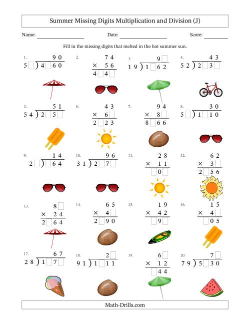 The Summer Missing Digits Multiplication and Division (Harder Version) (J) Math Worksheet