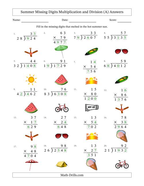 The Summer Missing Digits Multiplication and Division (Harder Version) (All) Math Worksheet Page 2