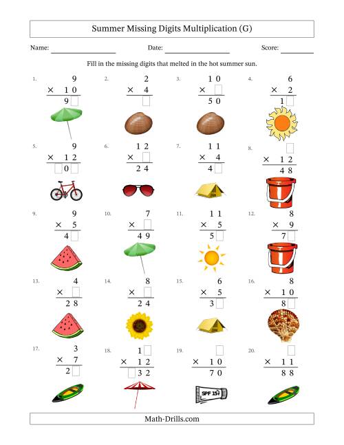 The Summer Missing Digits Multiplication (Easier Version) (G) Math Worksheet