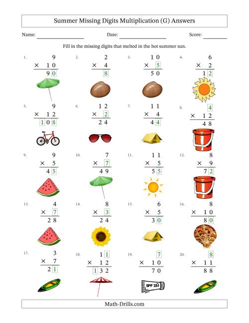 The Summer Missing Digits Multiplication (Easier Version) (G) Math Worksheet Page 2