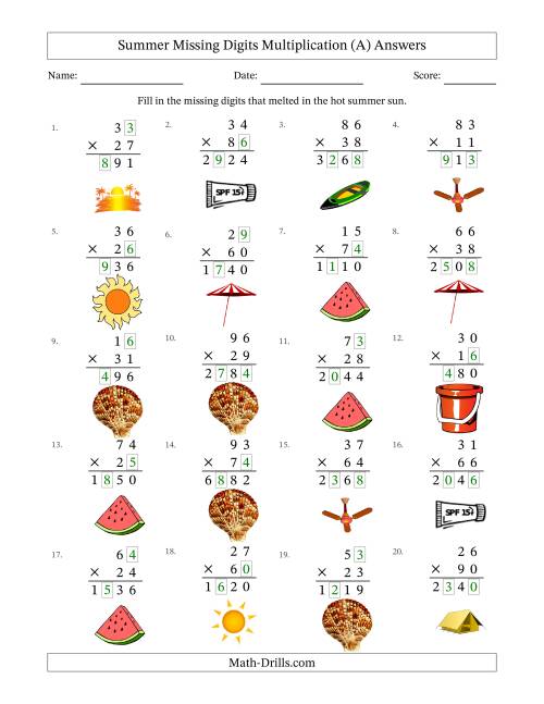 The Summer Missing Digits Multiplication (Harder Version) (A) Math Worksheet Page 2