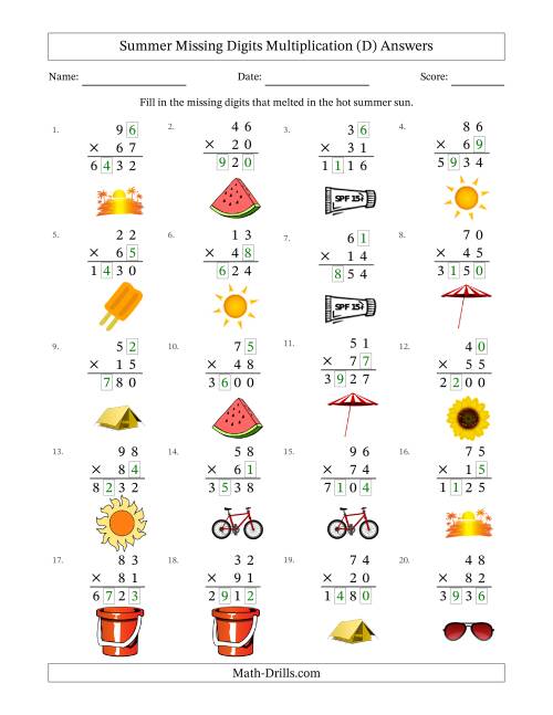The Summer Missing Digits Multiplication (Harder Version) (D) Math Worksheet Page 2