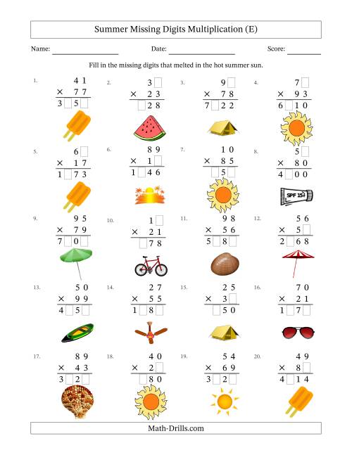 The Summer Missing Digits Multiplication (Harder Version) (E) Math Worksheet