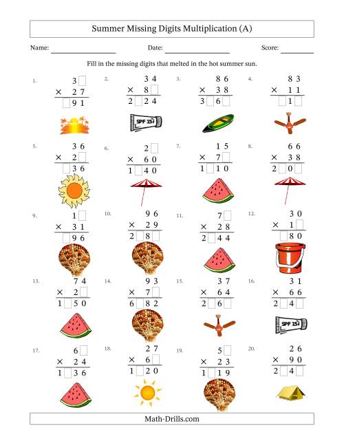 The Summer Missing Digits Multiplication (Harder Version) (All) Math Worksheet