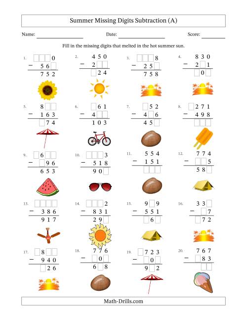 The Summer Missing Digits Subtraction (Easier Version) (A) Math Worksheet
