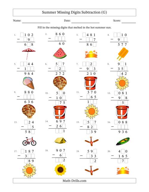 The Summer Missing Digits Subtraction (Easier Version) (G) Math Worksheet