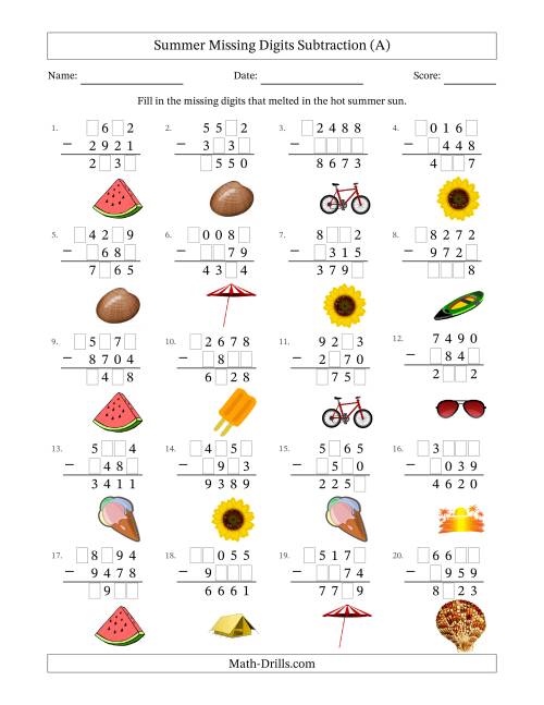 The Summer Missing Digits Subtraction (Harder Version) (A) Math Worksheet