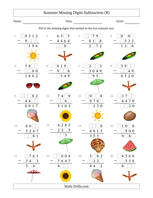 The Summer Missing Digits Subtraction (Harder Version) (B) Math Worksheet