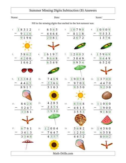 The Summer Missing Digits Subtraction (Harder Version) (B) Math Worksheet Page 2