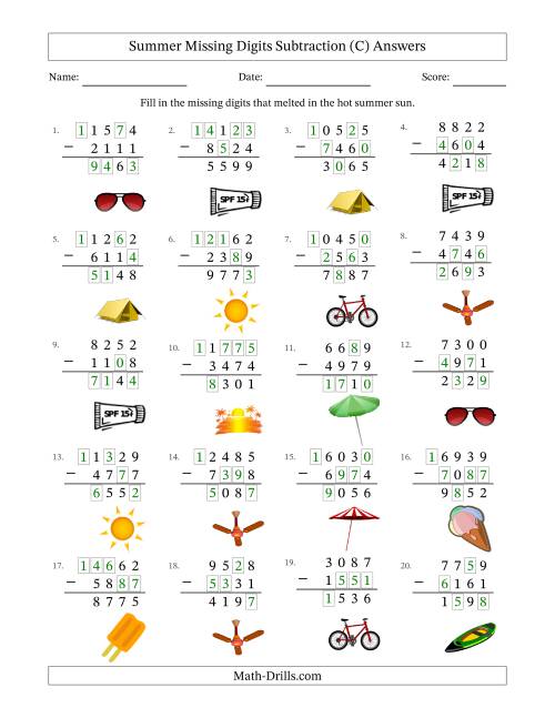 The Summer Missing Digits Subtraction (Harder Version) (C) Math Worksheet Page 2