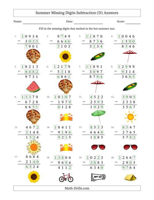 The Summer Missing Digits Subtraction (Harder Version) (D) Math Worksheet Page 2