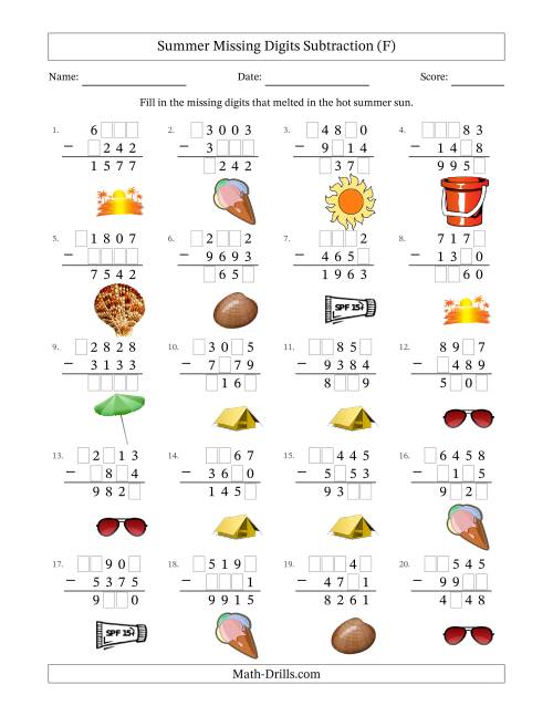 The Summer Missing Digits Subtraction (Harder Version) (F) Math Worksheet