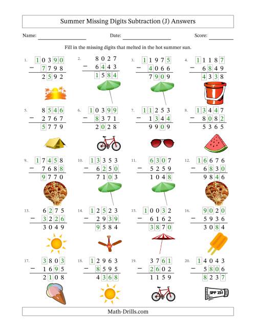 The Summer Missing Digits Subtraction (Harder Version) (J) Math Worksheet Page 2