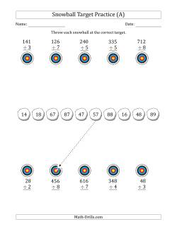 Winter Snowball Target Practice Dividing by One-Digit Numbers