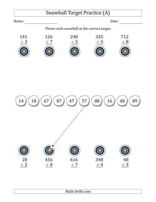 The Winter Snowball Target Practice Dividing by One-Digit Numbers (A) Math Worksheet