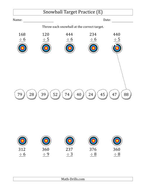 The Winter Snowball Target Practice Dividing by One-Digit Numbers (E) Math Worksheet