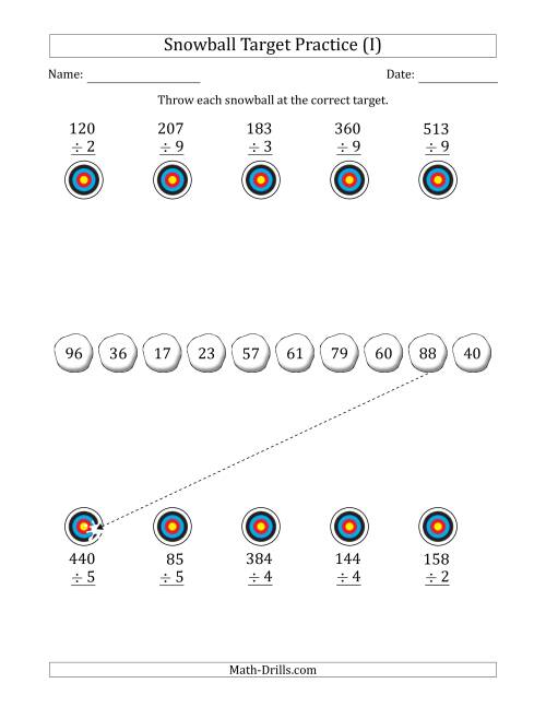 The Winter Snowball Target Practice Dividing by One-Digit Numbers (I) Math Worksheet