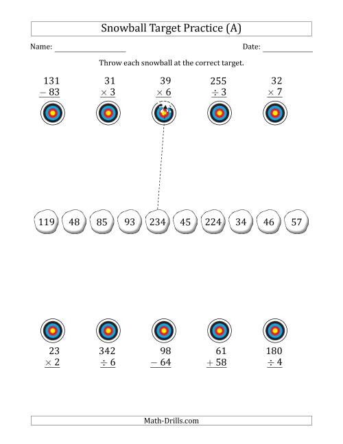 The Winter Snowball Target Practice Mixed Operations with Smaller Numbers (A) Math Worksheet